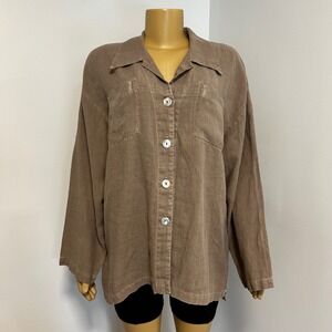kleen womens tan linen blend‎ button down long sleeve collared shirt size m